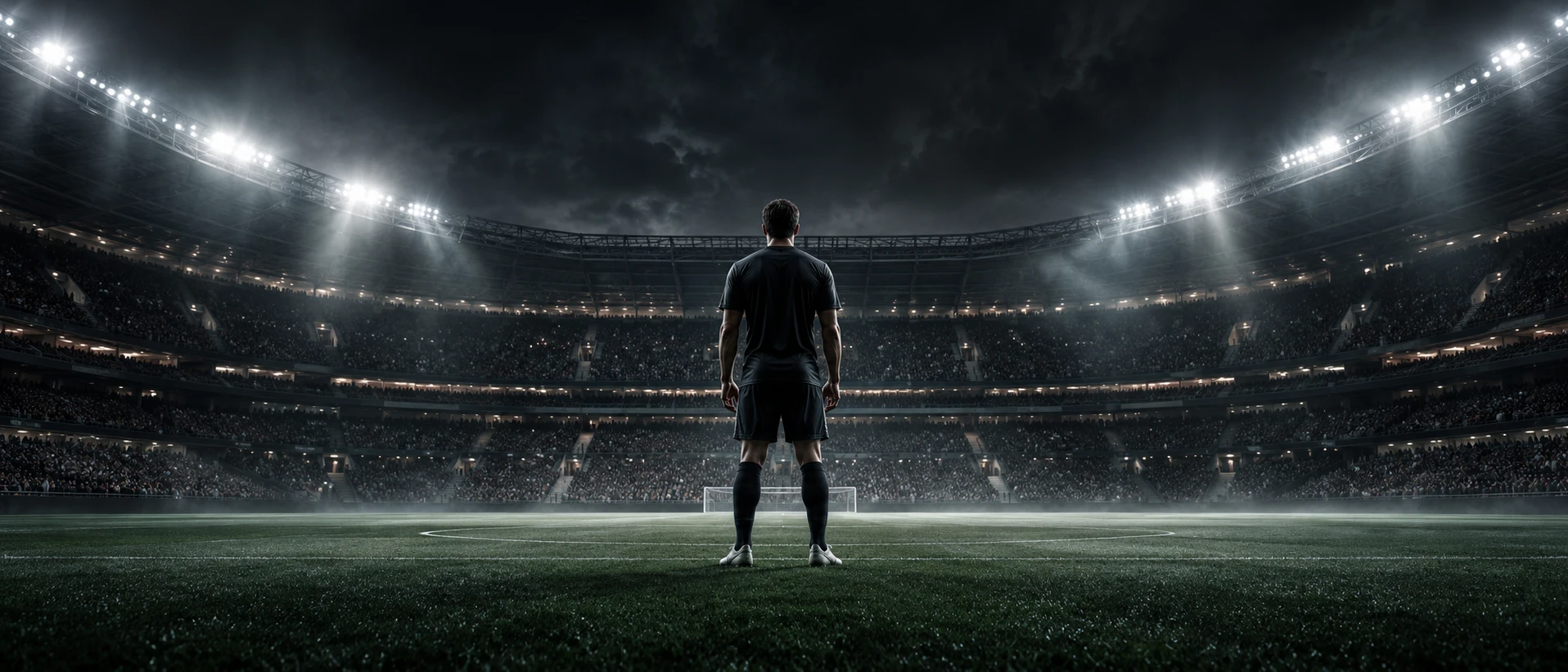 A footballer standing alone on the pitch in a floodlit stadium